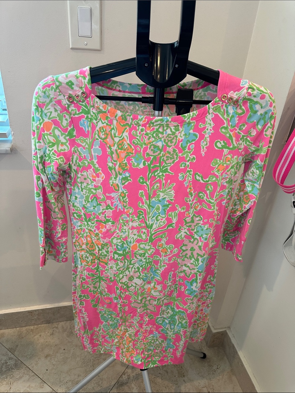 Lilly Pulitzer Pink Floral Midi Dress with Green & Light Blue Print